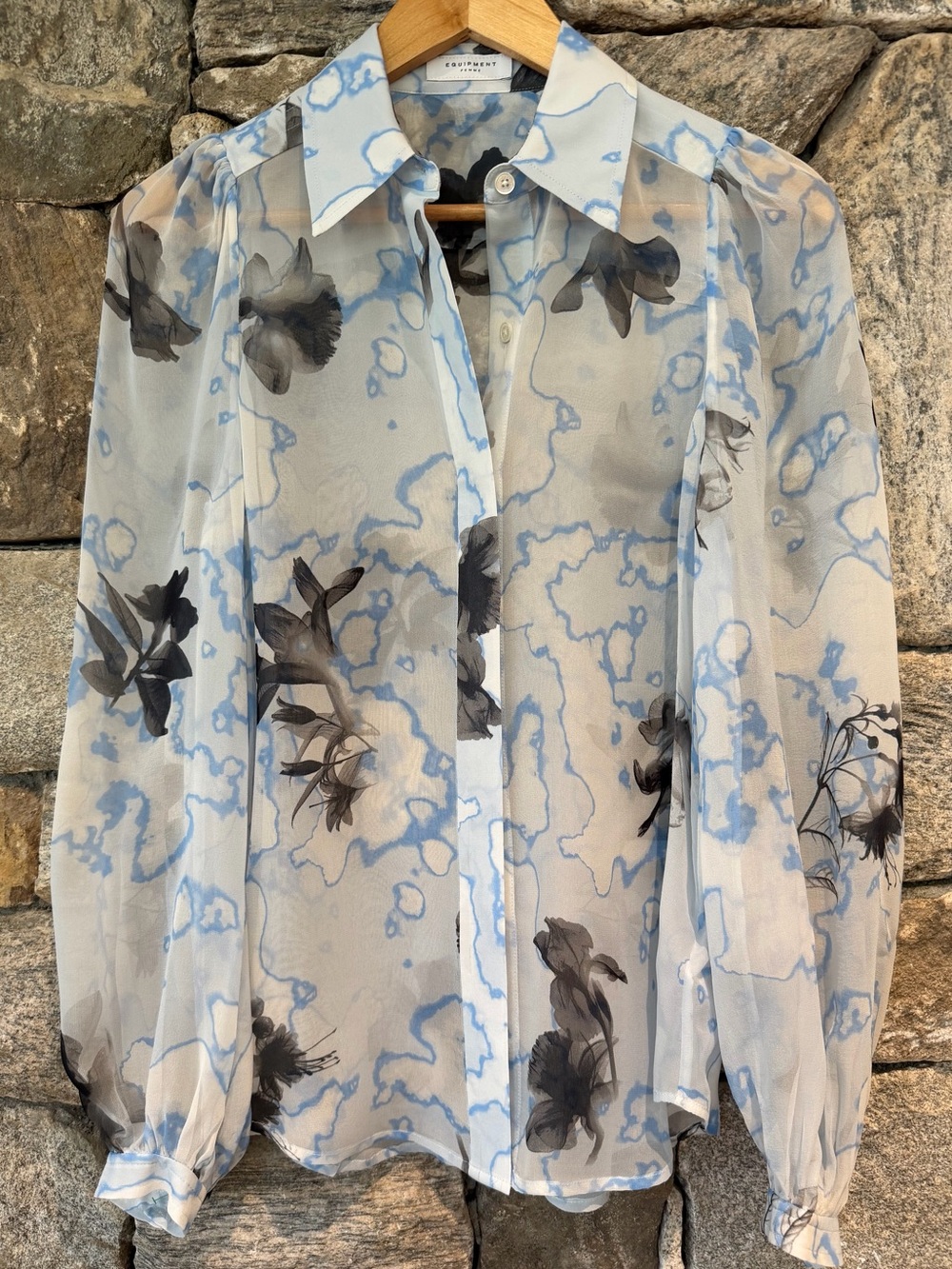 Equipment Sheer Floral Button-Up Blouse in Light Blue and Black Size S